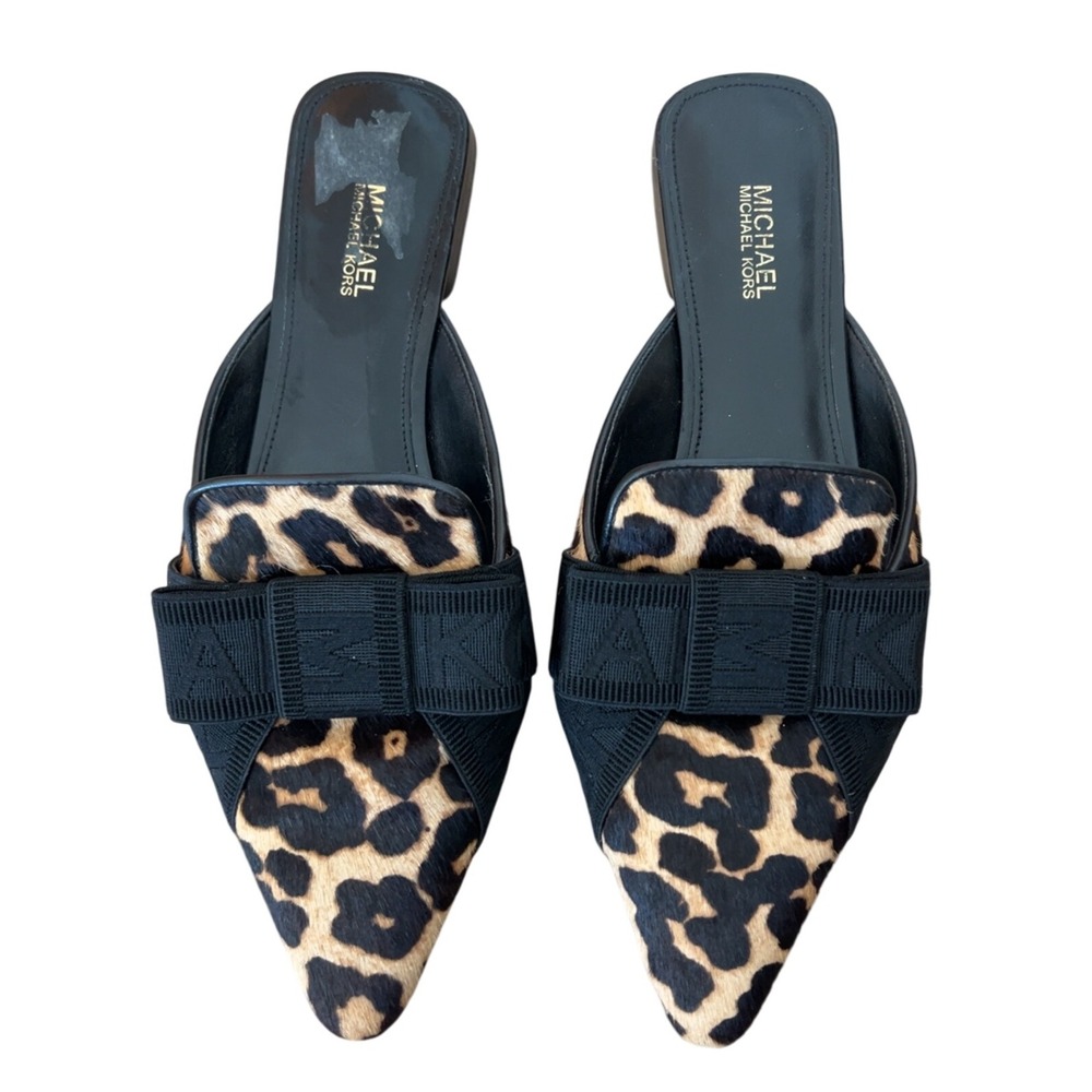 Michael Kors Ames Slip On Pointy Toe Calf Hair Mules Slides w Bow SZ 7.5
